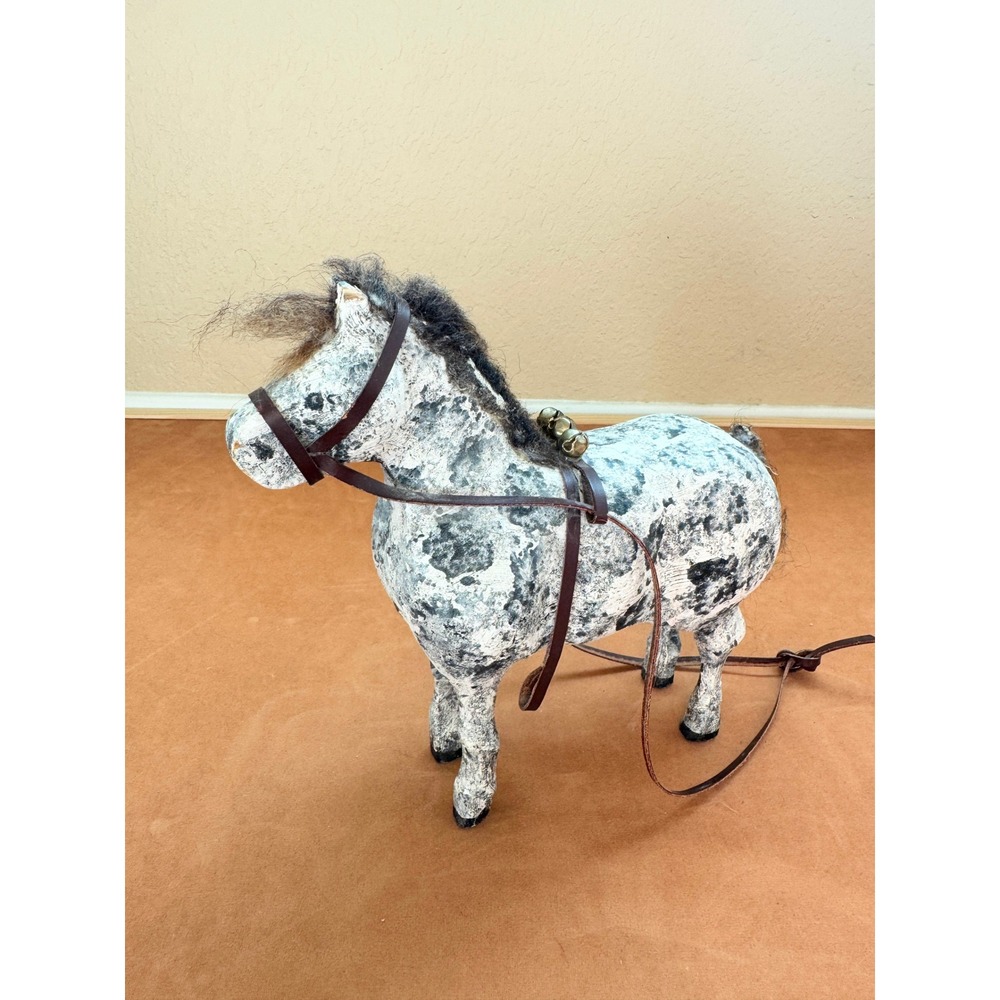 Vintage Primitive Dapple Gray Horse Figurine Wool Mane Western Farmhouse Decor